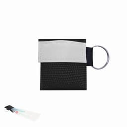 A black fabric pouch with a silver keyring and a white label area for customisation.