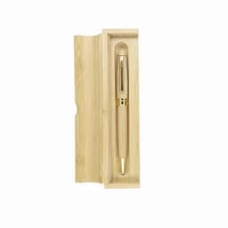 A pen with a bamboo finish displayed in a bamboo box. The pen features a gold-tone clip and trim.
