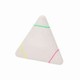 A triangular-shaped product with a white base, featuring bright pink, green, and yellow stripes. It has a logo.