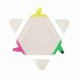 A hexagonal white product with bright pink, yellow, green, and orange accents, surrounded by four triangular pieces.