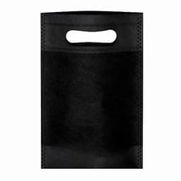 A black promotional bag with a handle, featuring a simple design and no distinctive patterns or logos.