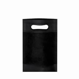 A black reusable shopping bag with a handle, featuring a simple, textured design.