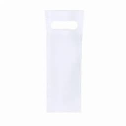 A white bag with a handle, featuring stitching and a simple design. It has a logo on one side.