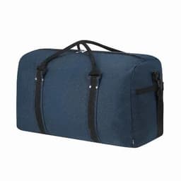 A travel bag in navy blue with black straps and zippers, featuring a spacious design. It has a logo on one side.