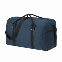 A duffel bag in navy blue with black straps and a zippered pocket. It features a sleek, minimalist design.