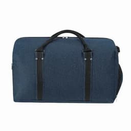 A duffle bag in navy blue with black straps and a zippered closure. It features a logo on the front.
