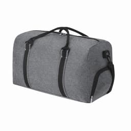 A duffel bag in grey fabric with black straps and a side zipper pocket. It has a sturdy design for easy carrying.