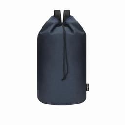 A drink bottle in navy blue with a drawstring closure and shoulder straps, featuring a logo.