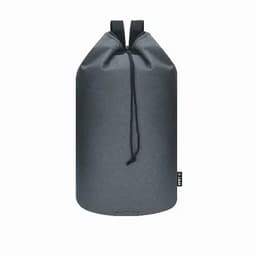 A dark grey drawstring backpack with shoulder straps and a branded tag on the side.