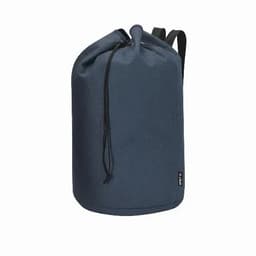 A drawstring bag is featured in navy blue with adjustable straps and a simple design. It has a logo on the side.
