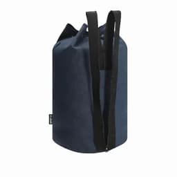 A drink bottle in a navy blue fabric holder with two black straps and a drawstring closure. It features a logo.
