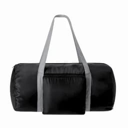 A black duffel bag with grey straps, featuring a small front zippered pocket.