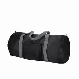A black cylindrical duffel bag with grey straps and a front pocket. The bag has a logo on it.