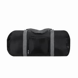A black duffle bag with grey straps and a front pocket, featuring a minimalist design and a logo.