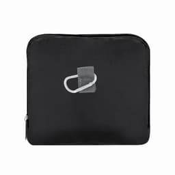 A black pouch with a zip closure and a silver carabiner clip attached to the front.