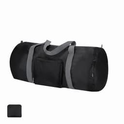 A black duffel bag with grey straps and a front pocket, featuring a logo on the side.