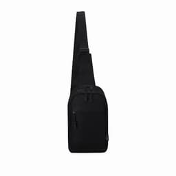 A black sling bag with a single strap and zippered compartments, featuring a simple design and a logo.