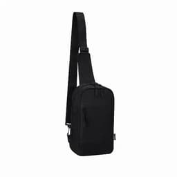 A black sling bag with a single adjustable strap and zippered compartments. It features a minimalist design.