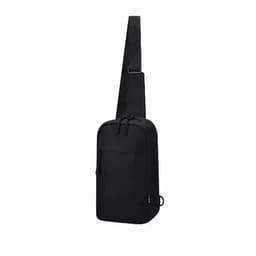 A sling bag in black with a single strap, featuring a zippered pocket and a sleek design.