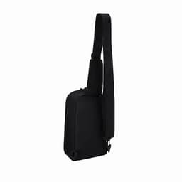A black sling bag with an adjustable strap and a zippered closure. The bag has a minimalist design and a logo.