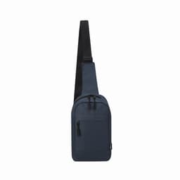 A sling bag in navy blue with a single shoulder strap and two zippered compartments. Features a logo on the front.