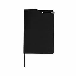 A black notebook with a pen tucked into the side and a ribbon bookmark. The cover features a textured finish.
