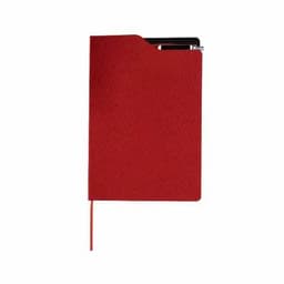 A red notebook with a textured cover, featuring a pen holder and ribbon bookmark. It includes a logo on the cover.