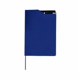 A blue notebook with a textured cover and a pen holder on the side. It features a ribbon marker.
