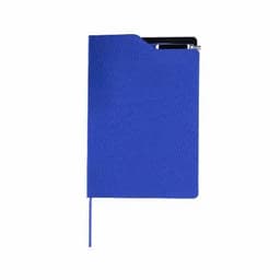 A blue notebook with a textured cover, featuring a pen pocket and a ribbon bookmark.