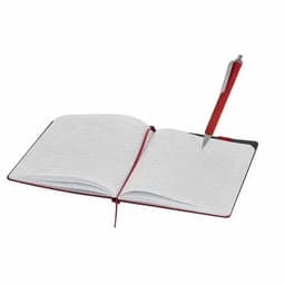 An open notebook with white pages and a red pen resting on the pages, featuring a black and red cover.