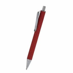 A red pen with a textured grip and a silver clip. The tip is retractable.