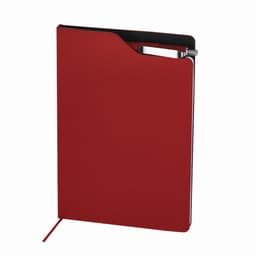 A red folder with a black edge, featuring a pen loop and a ribbon bookmark. It has a sleek, textured finish.