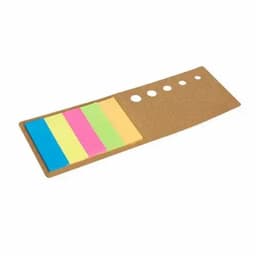 A sticky note pad with colourful notes in blue, pink, yellow, and green, set in a brown holder.
