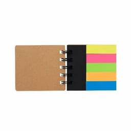 A note pad featuring a cork cover and five colourful sticky note sections: pink, yellow, green, blue, and black.
