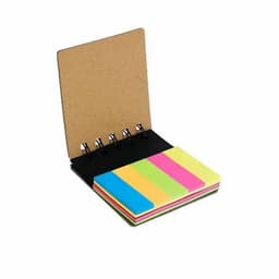 A notepad with a cork cover, featuring colourful sticky note tabs in pink, green, yellow, and blue. It also has a binding.