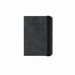 A black passport holder with an embossed design and an elastic band for closure. Features a logo.