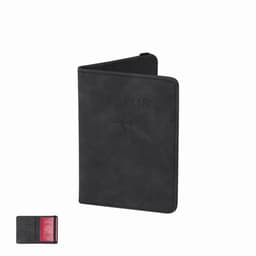 A black passport holder with a flap, featuring a logo and an open view showing a red passport inside.