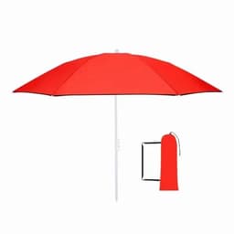 A red beach umbrella with a white pole, accompanied by a matching carry bag.