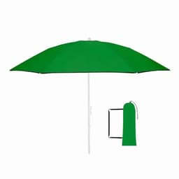 A green beach umbrella with a white pole and a matching carrying sleeve beside it.