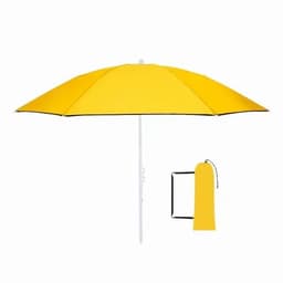 A yellow beach umbrella with a white pole, accompanied by a matching carry bag.