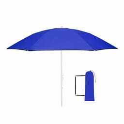 A blue beach umbrella with a white pole, alongside a matching carry bag.