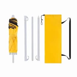 A yellow umbrella with a striped design, accompanied by white components and a matching carrying case.