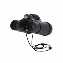 A pair of black binoculars with a light and a cord attached, featuring a compact design.