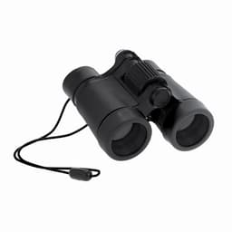 A pair of black binoculars with a central focusing knob and a neck strap.