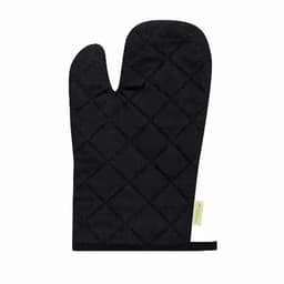 A black oven mitt with a quilted pattern and a hanging loop. It features a small logo tag.
