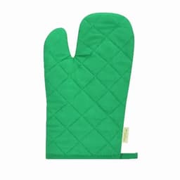 A green quilted oven mitt featuring a thumb and a hanging loop. It has a simple design with stitching details.