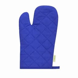 A blue quilted oven mitt with a textured surface and a loop for hanging. It has a branded tag.