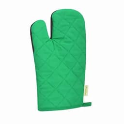 A green quilted oven mitt with a textured surface and a tag. It has a two-finger design for grip.