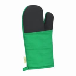 A green oven mitt featuring a textured black grip, designed for heat protection. It has a small loop for hanging.