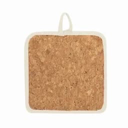 A cork pot holder with a fabric border and a hanging loop, featuring a natural brown cork surface.